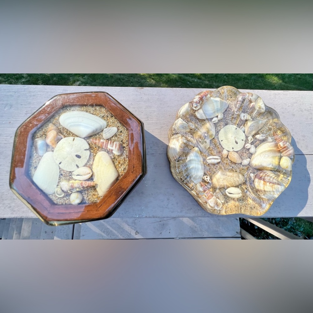 set of 2 Vintage Sea Shell Lucite Soap Dish and trinket box